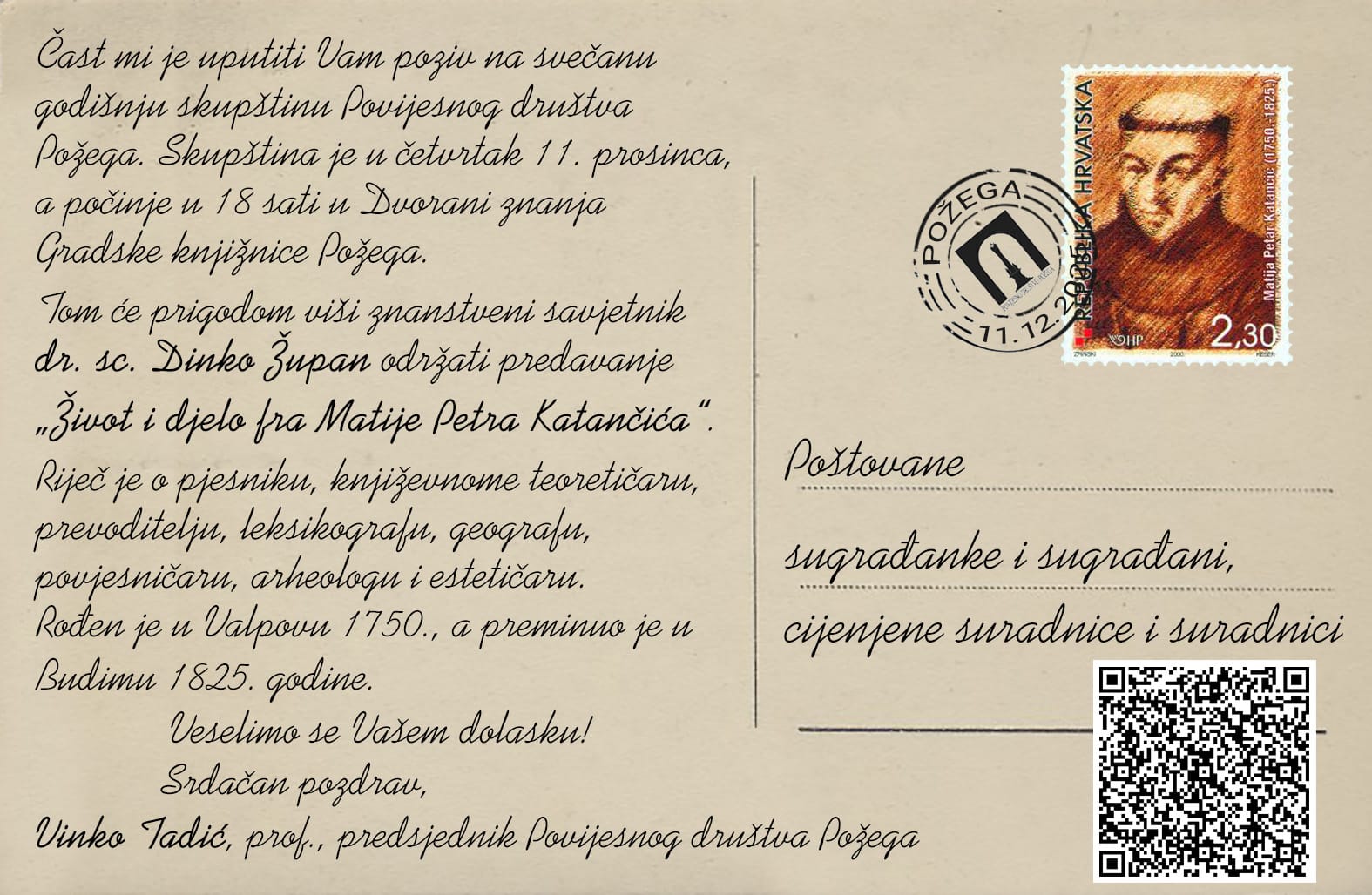 Gradska knjižnica Požega - Godišnja skupština Povijesnog društva Požega i predavanje Život i djelo Matije Petra Katančića Dinka Župana